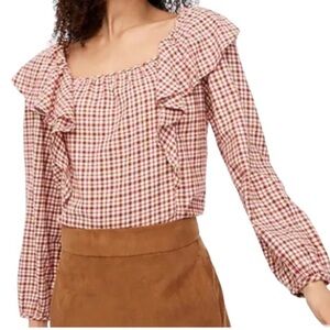 NWT J. Crew Plaid Cotton Flannel Square Neck Ruffle Top in cream red size small